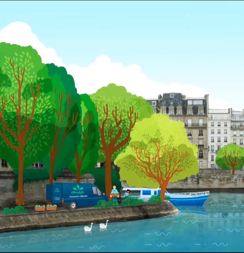 Paris - Illustration d'un camion de paysage urbain au bord d'une rivière avec des arbres et des bâtiments en arrière-plan.
