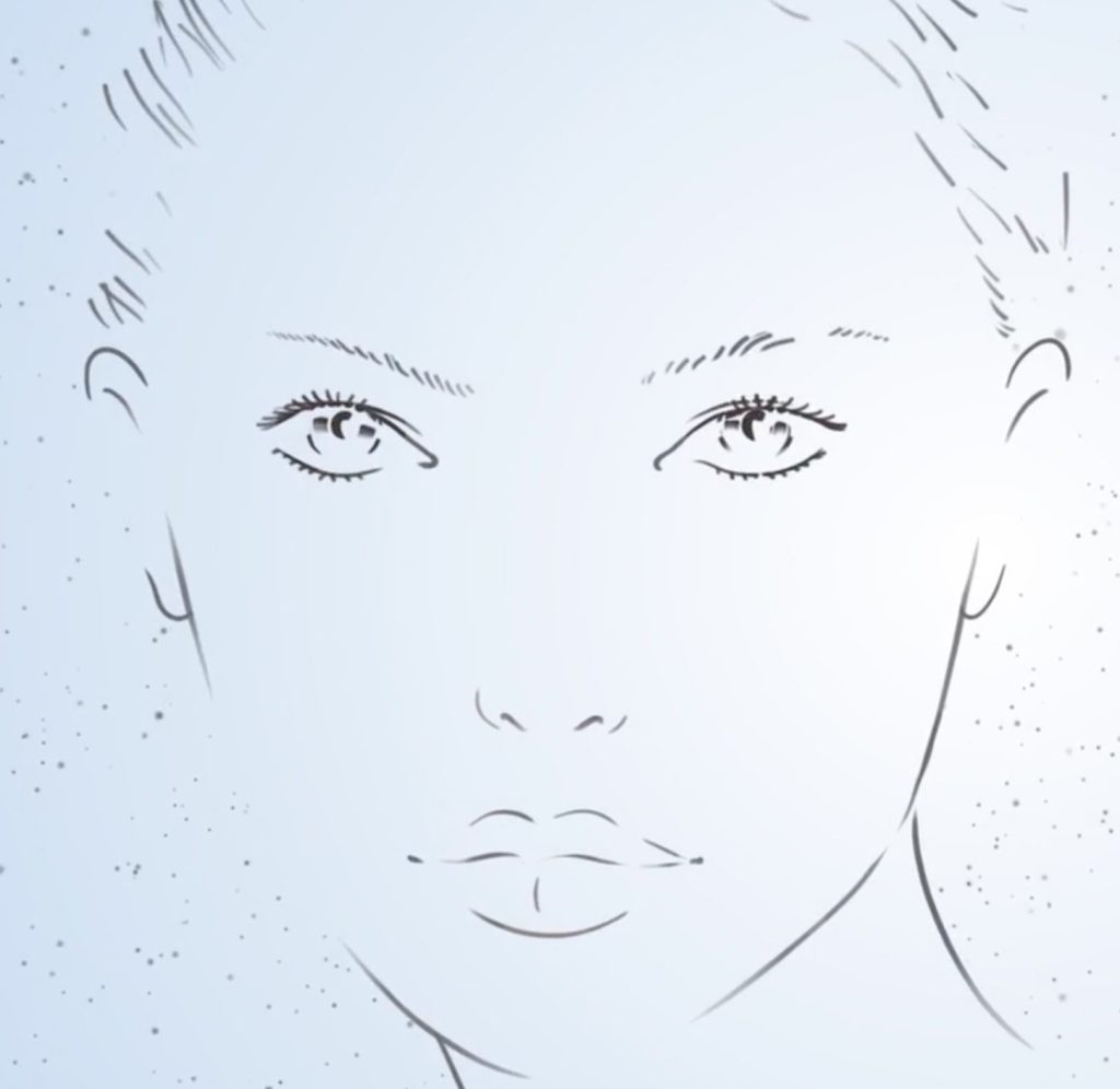 Dessin en noir et blanc d'un visage féminin souriant.