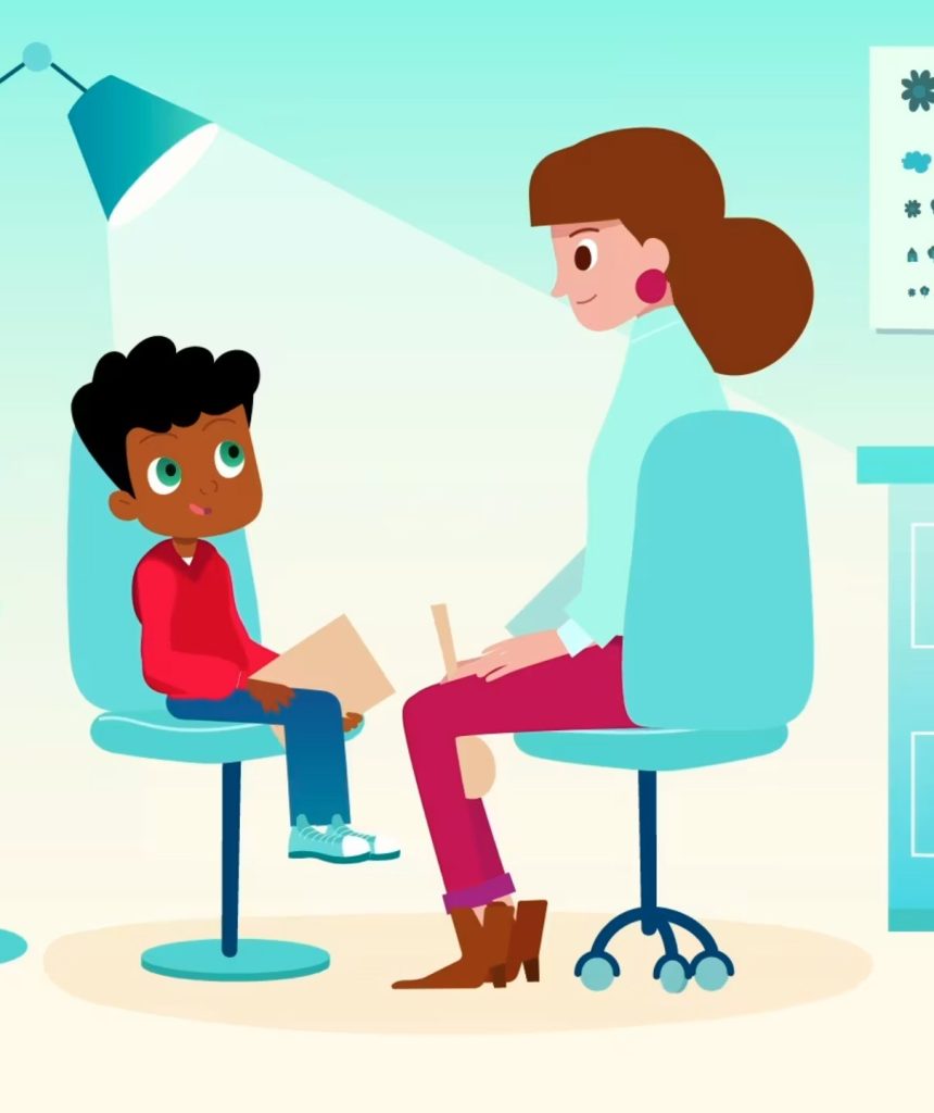 Illustration d'une femme médecin examinant un jeune garçon assis sur une chaise.